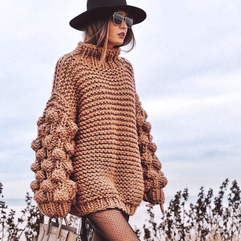 💋BOHO CHIC💋 Knit Chunky Sweater with Popcorn Sleeve in Soft Brown